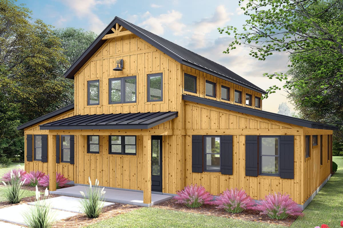 House plan exterior: two-story modern farmhouse with board-and-batten siding, metal roof, and covered porch.