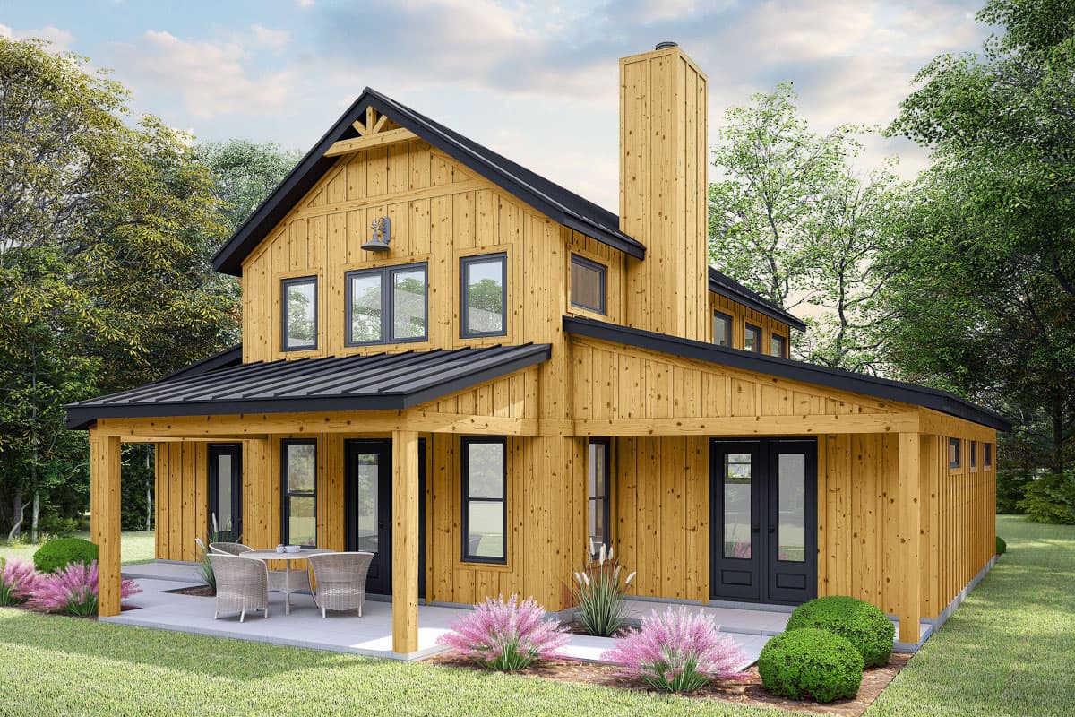 House plan exterior featuring a two-story farmhouse style with a gable roof, large porch, and a prominent chimney.