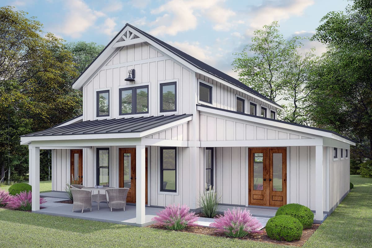 House plan exterior. Two-story Modern Farmhouse with a covered porch, board and batten siding, and gabled roof with dormers.