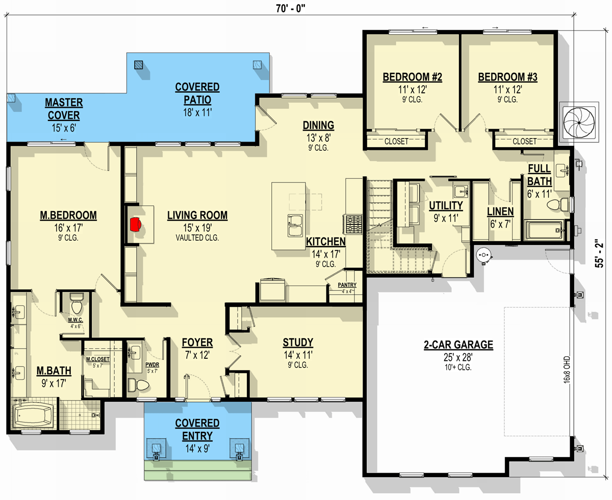 Plan 307710RAD: Two-Story New American House Plan with Flex Room Over Garage - 2600 Sq Ft - Floor Plan - Main Level - Country, Farmhouse, Modern Farmhouse, New American, Ranch