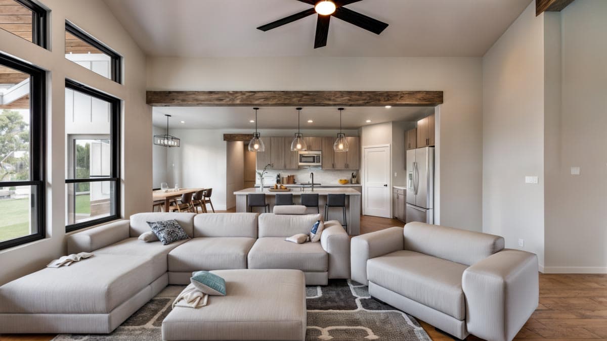 Open concept living space with a sectional sofa, kitchen island with pendant lights, and large windows.