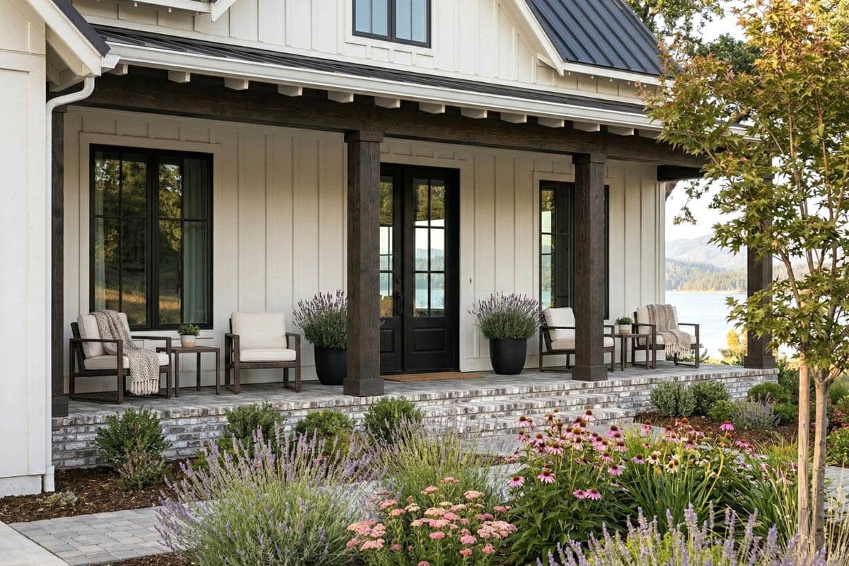 House plan exterior: Modern Farmhouse style, covered porch with timber posts, black double doors, and board-and-batten siding.