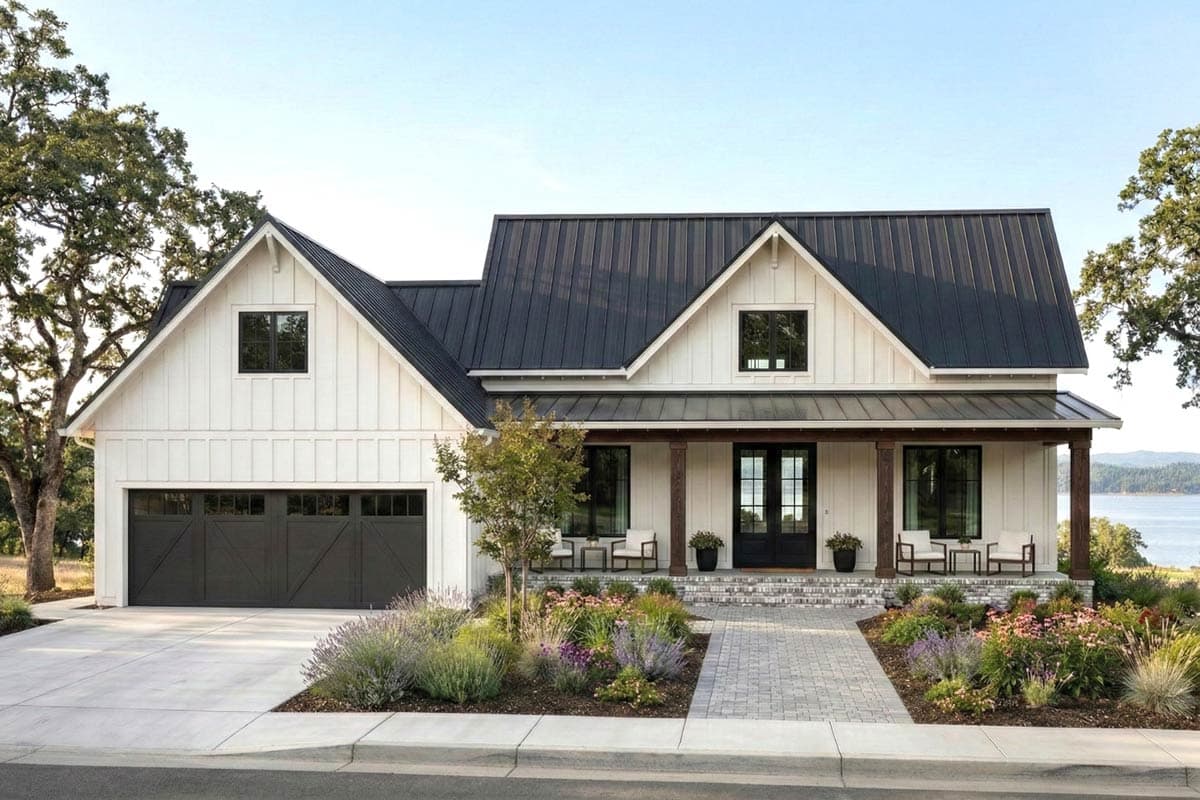 House plan exterior. Modern Farmhouse style with metal roof, front porch, two gables, and attached garage. Two stories with symmetrical facade.
