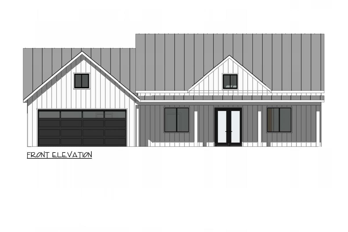 Front elevation house plan with a metal gambrel roof, a side garage, and board-and-batten siding.