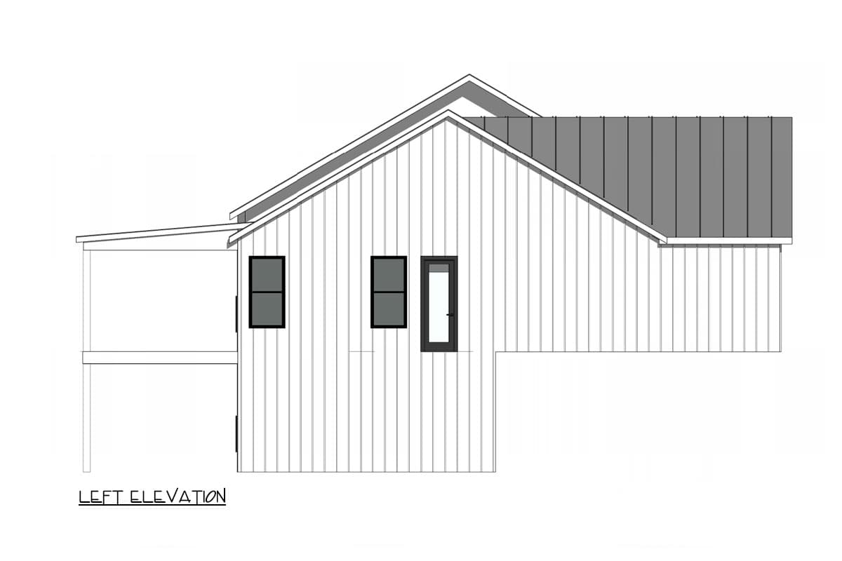 Left elevation house plan: Modern farmhouse style, one story, vertical siding, gable roof, covered porch, two windows, and door.