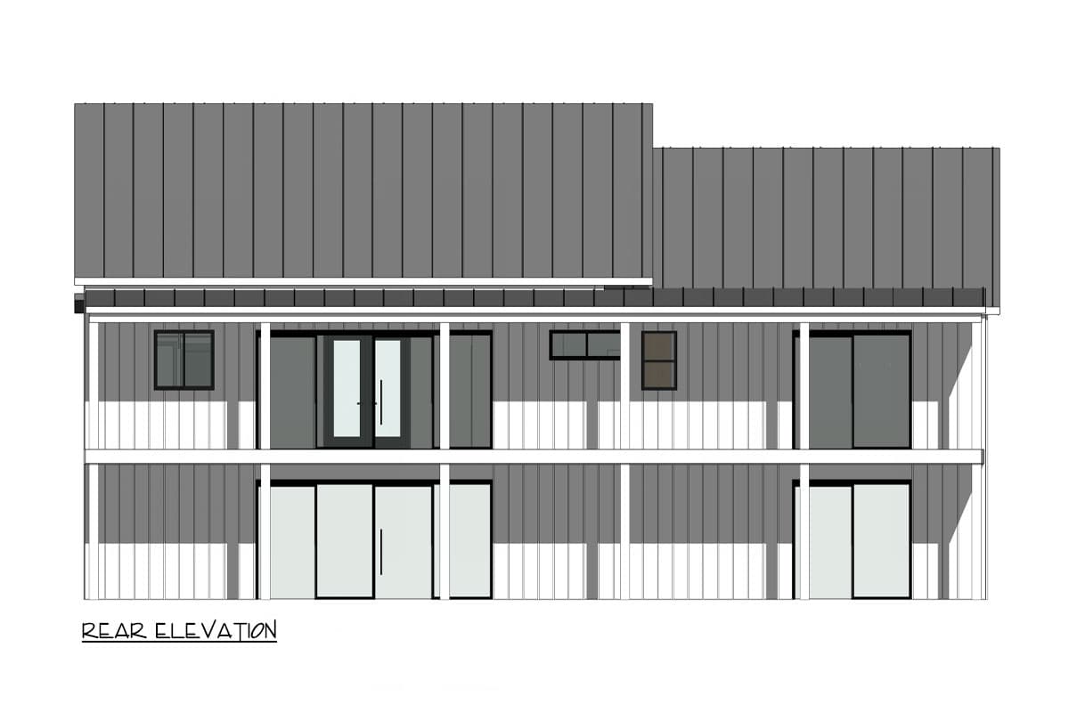 Rear elevation drawing of a two-story house with a standing seam metal roof, siding, and multiple glass doors and windows.