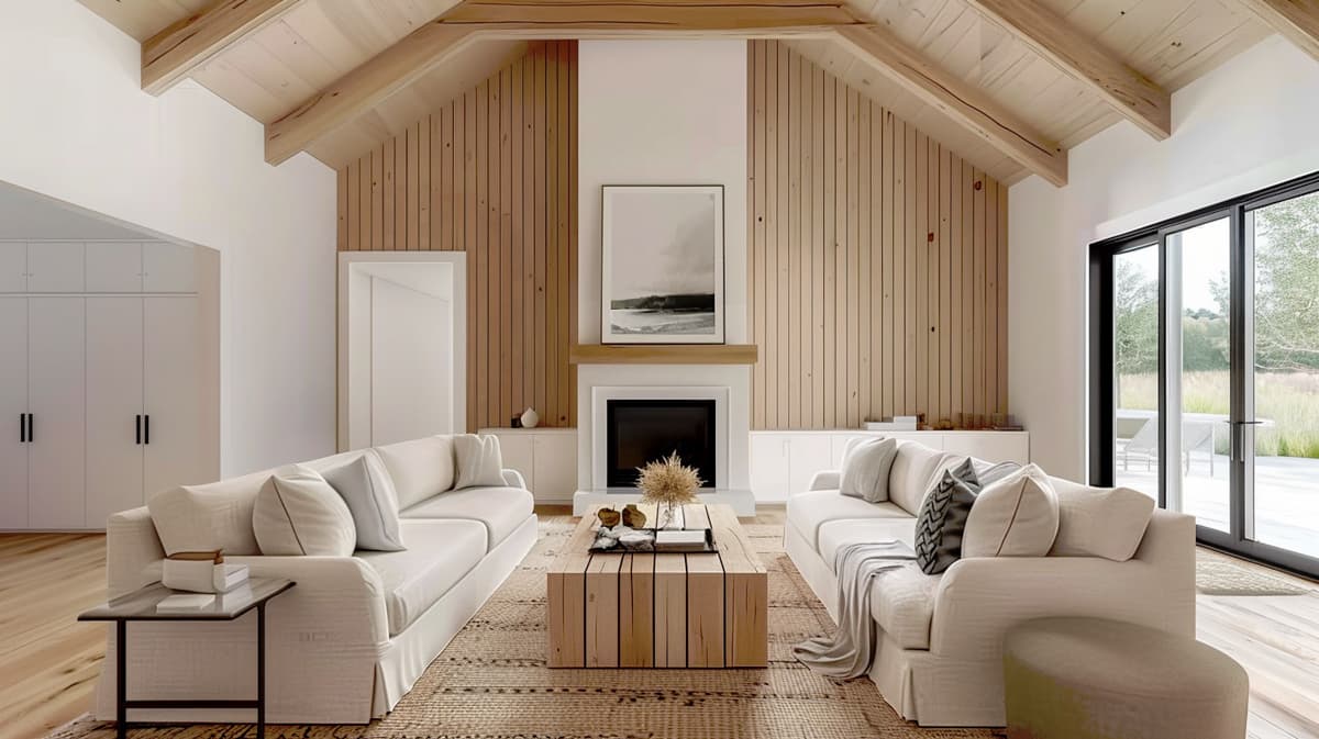 Great room with vaulted wood beam ceiling, fireplace, and large sliding glass doors.