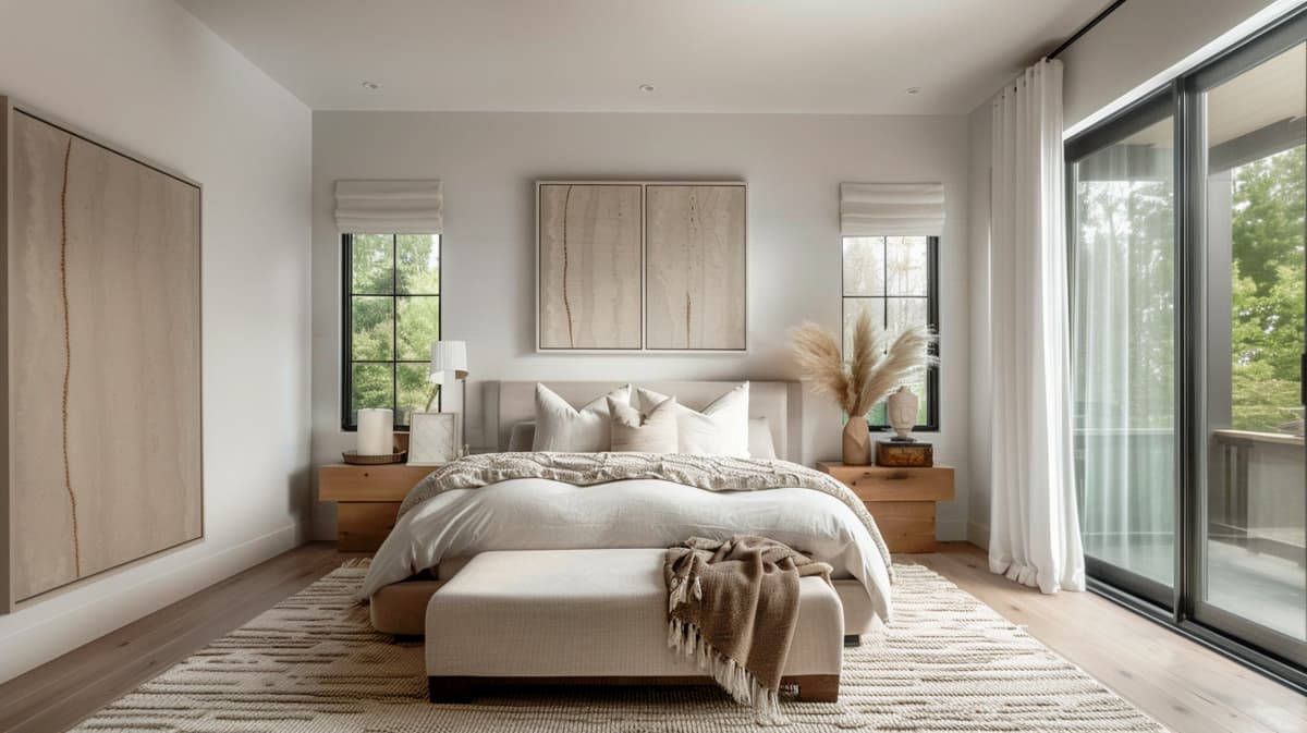 Primary bedroom with king bed, dual nightstands, large windows, and sliding glass doors to balcony.