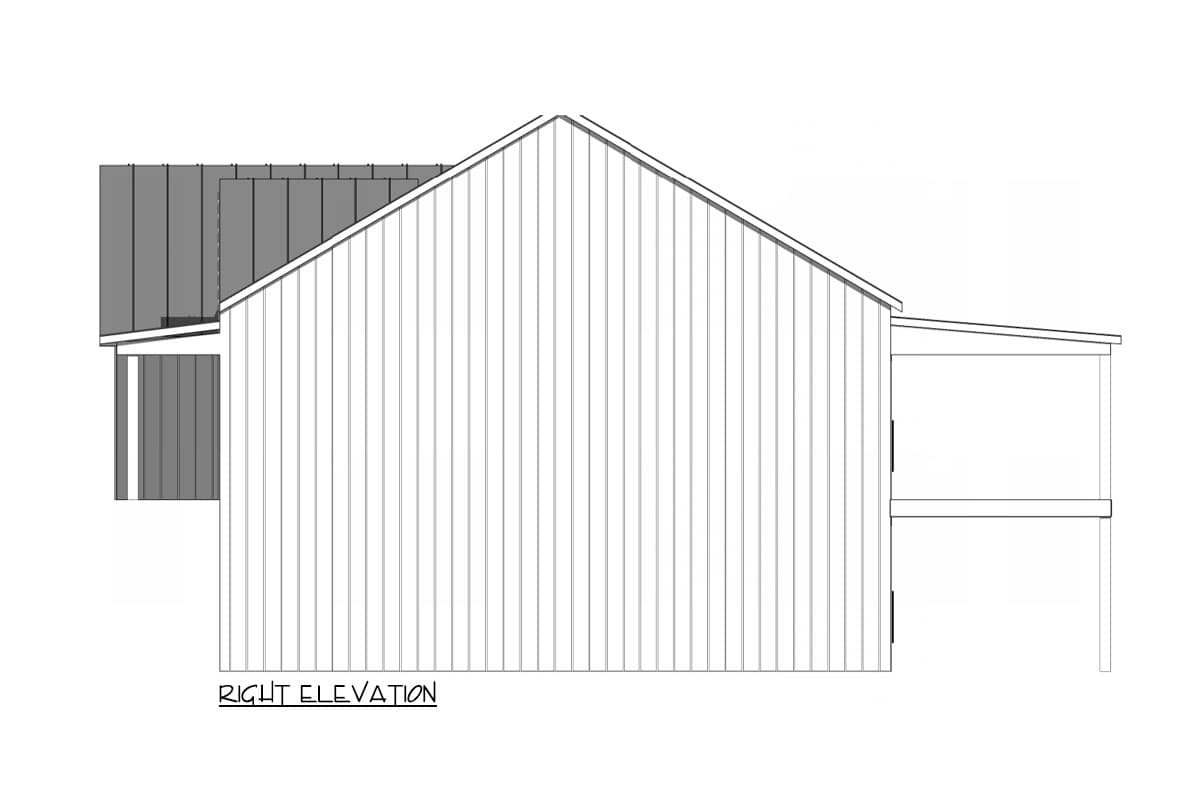 Right elevation drawing of a house with vertical siding, a gable roof, and a porch roof.