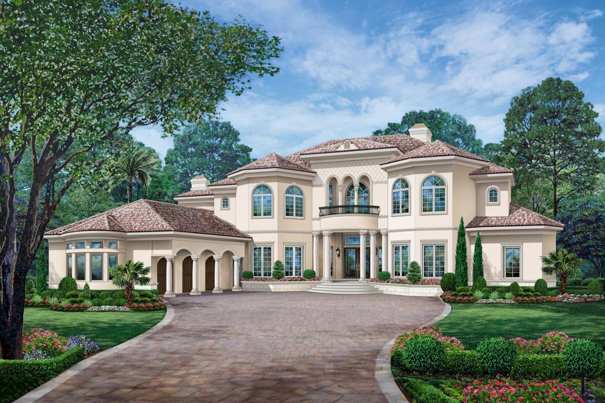 House plan exterior. Two-story Mediterranean-style home with arched windows, a multi-gabled roof, a balcony, and a porte-cochere with columns.