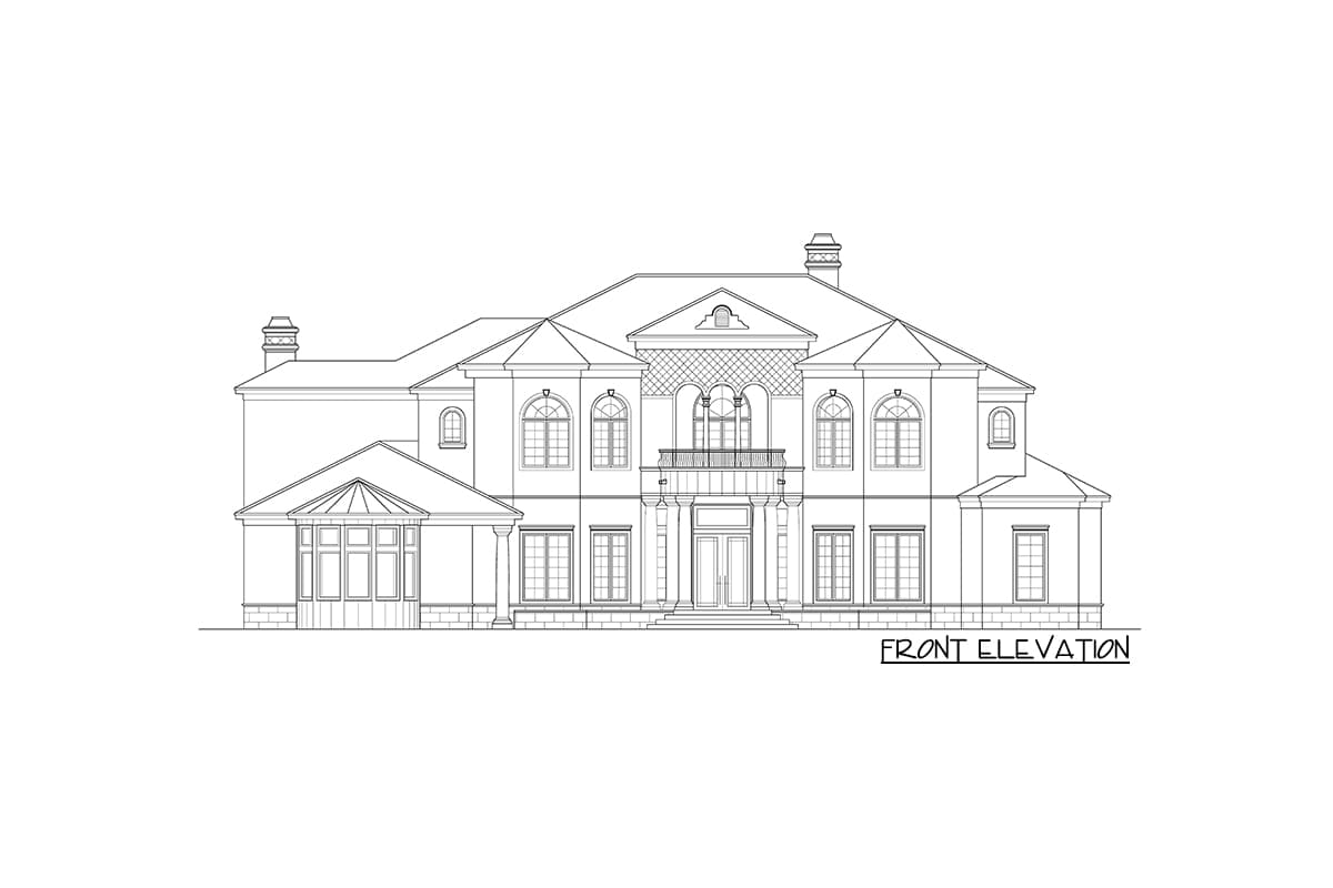 Front elevation house plan drawing of a large, two-story residence with a prominent central facade, bay window, and arched dormers.