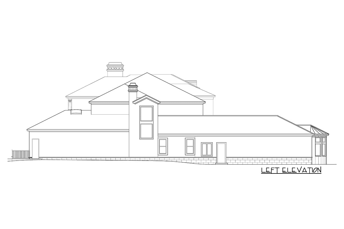Left elevation house plan showing multiple rooflines, gables, two chimneys, and varied window arrangements.