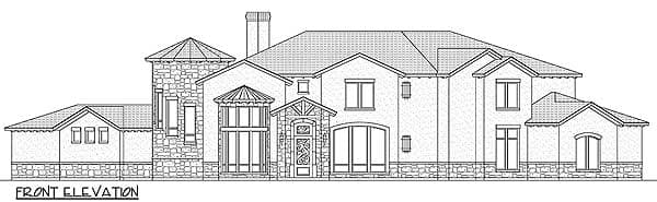 Front elevation drawing of a two-story house plan with stone accents, multi-gabled roof, and prominent entryway.