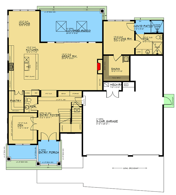 Plan 666279RAF: Two-Story New American House Plan with a Sauna - 3696 Sq Ft - Floor Plan - Main Level - Craftsman, Modern, New American, Northwest, Traditional