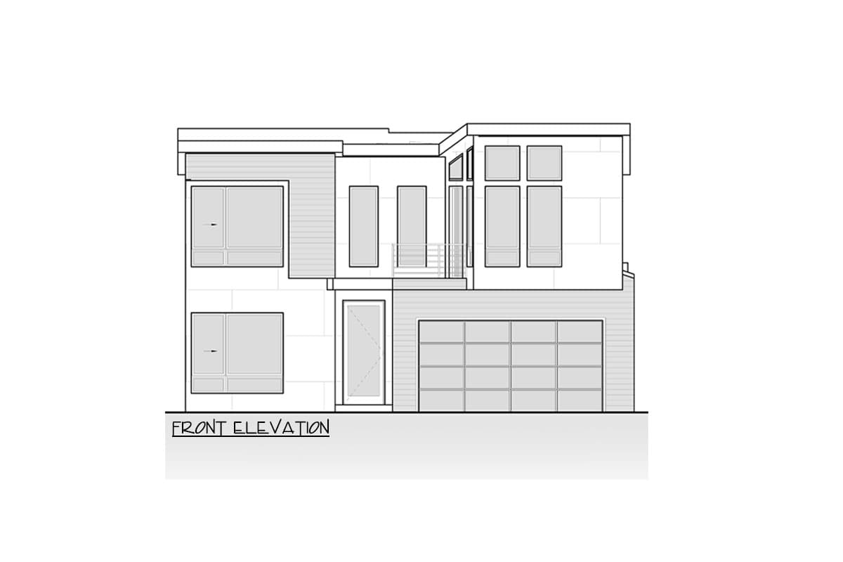 Front elevation drawing of a two-story modern house with a garage, multiple windows, and a flat roof.