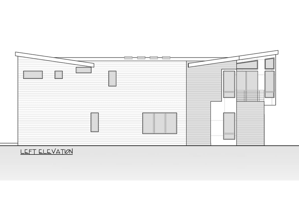 Left elevation drawing of a modern house with asymmetrical rooflines and varied window sizes.