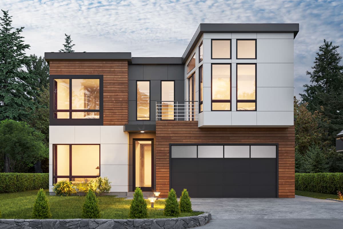 House plan exterior. Modern style, two-story home with wood siding, flat roof, and an attached two-car garage.