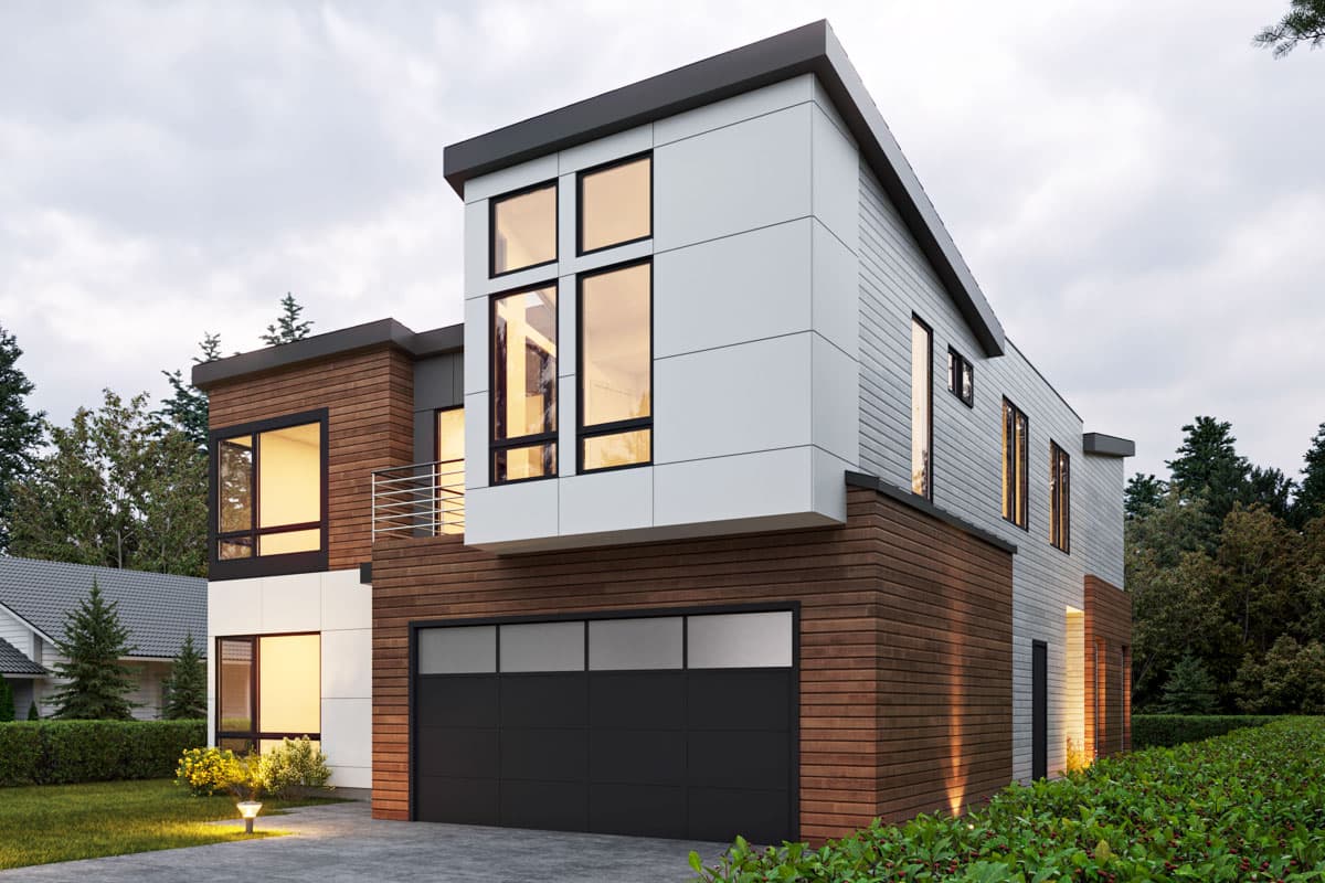 Modern house plan exterior with wood siding, large windows, a balcony, and a two-car garage.