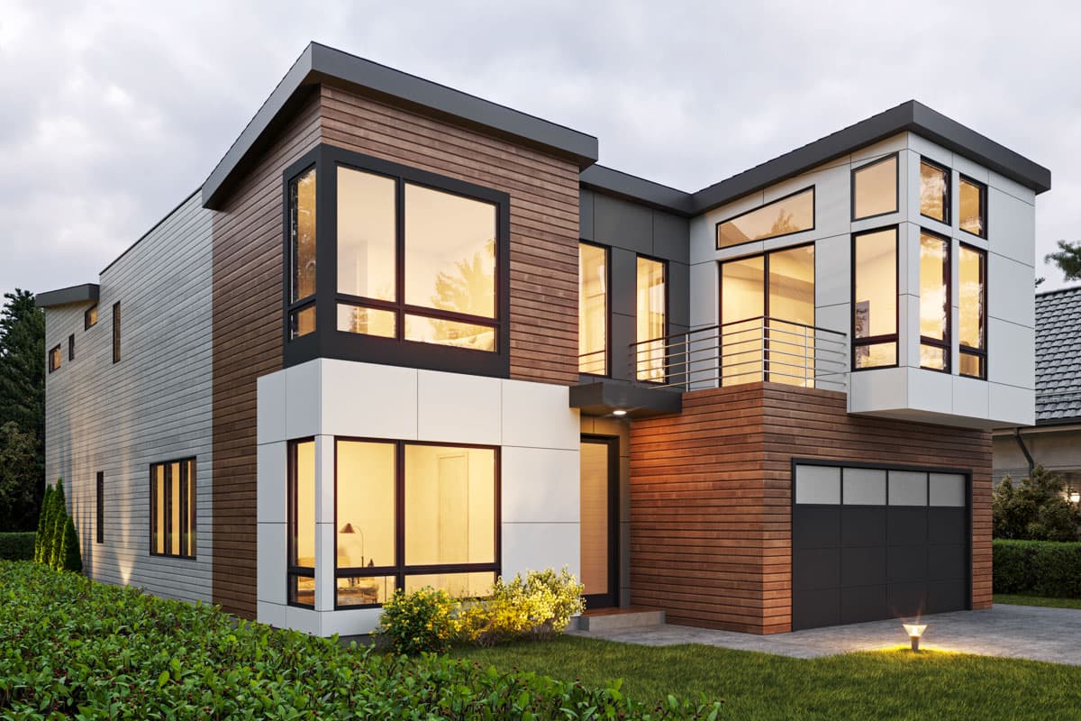 Modern two-story house plan exterior with horizontal siding, wood accents, large windows, balcony, and attached garage.