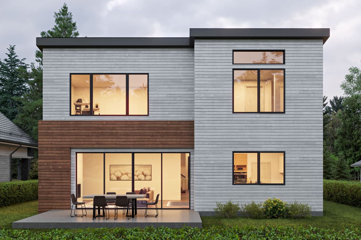 Modern two-story house plan exterior with horizontal siding, wood accent, and large windows.