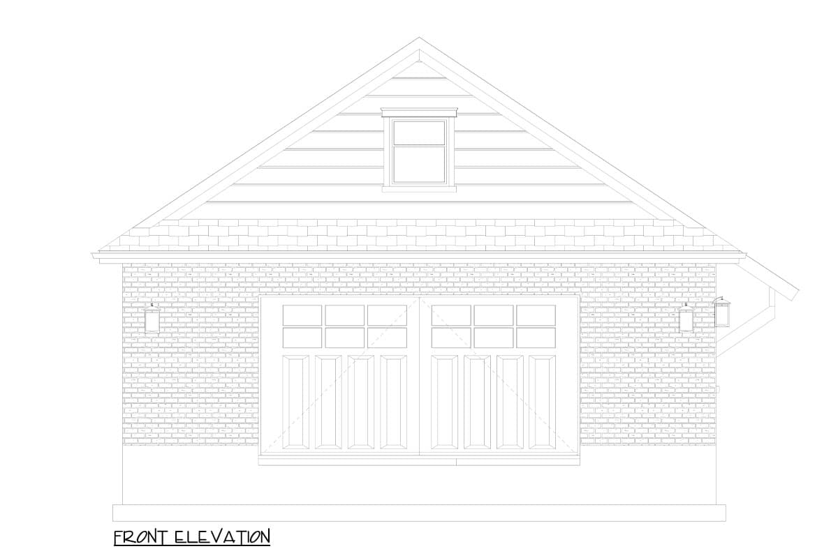Front elevation drawing of a garage with brick facade, two double doors, a gable roof, and a dormer window.