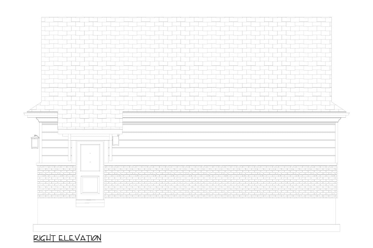 Right elevation drawing of house plan showing shingled roof, brick base, siding, and front entrance with covered porch.