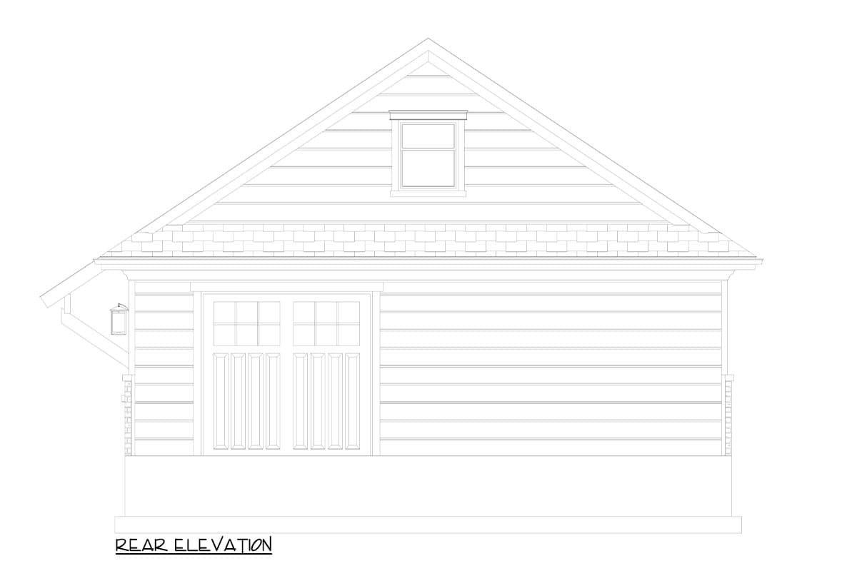 Rear elevation drawing of a house featuring horizontal siding, a gable roof with a dormer, and a two-panel garage door.
