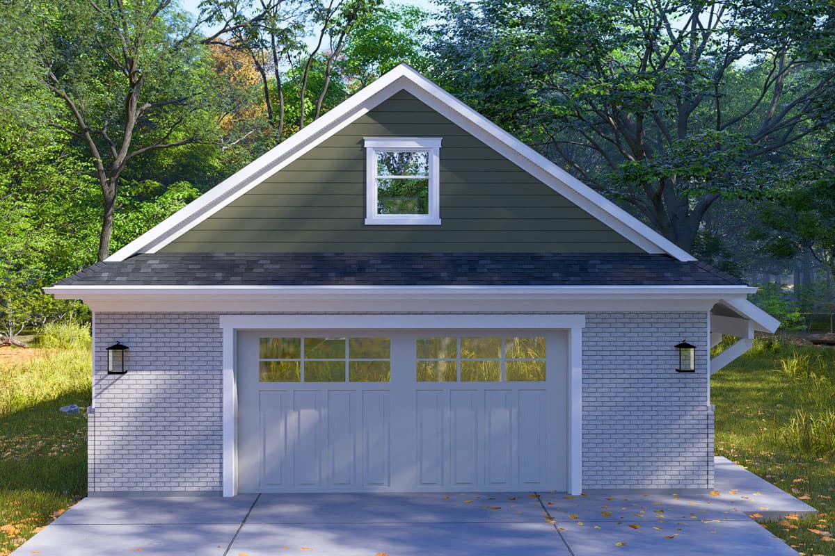House plan exterior. One-story building with a gable roof, brick facade, and a single garage door. Features a dormer window.