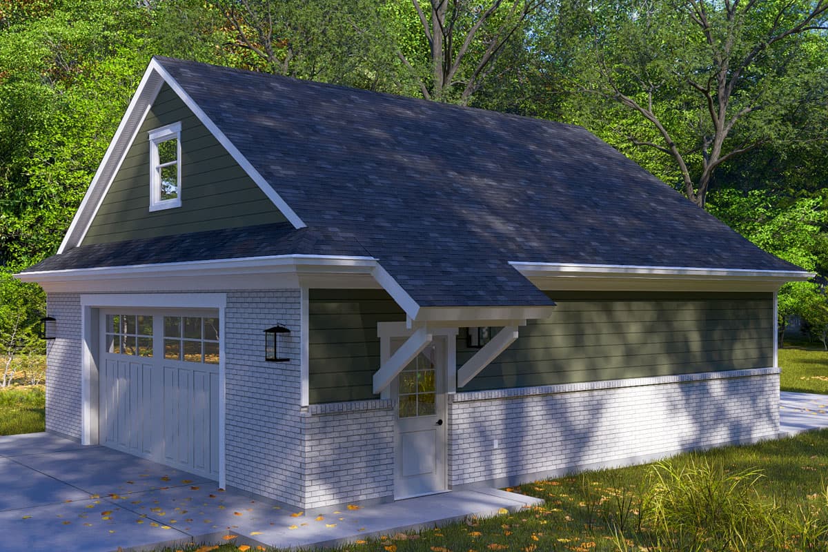 House plan exterior: One-story Modern Farmhouse with a gable dormer, white brick base, and green siding.