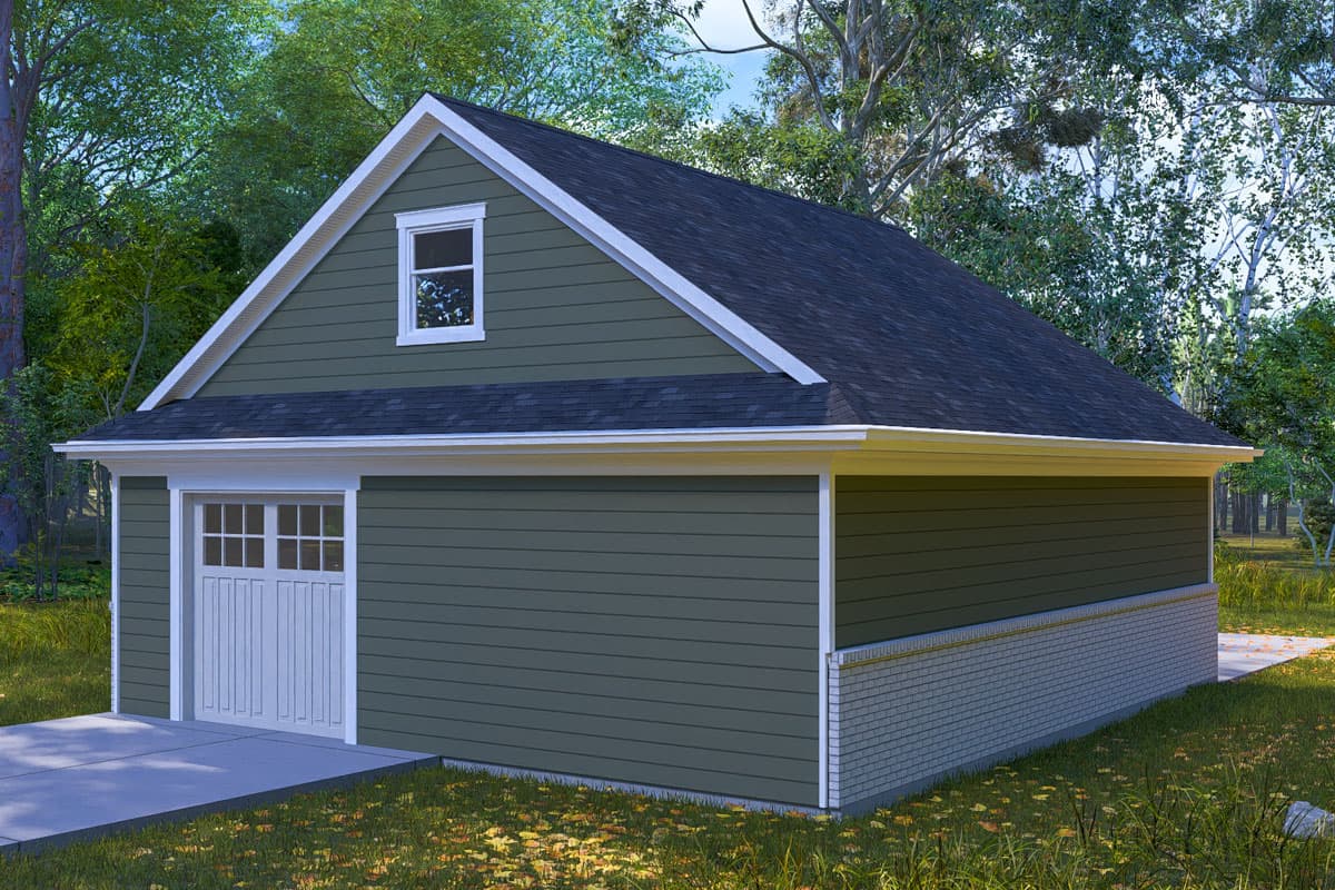 House plan exterior: one-story garage with gable dormer window, white garage door, horizontal siding, and brick foundation.