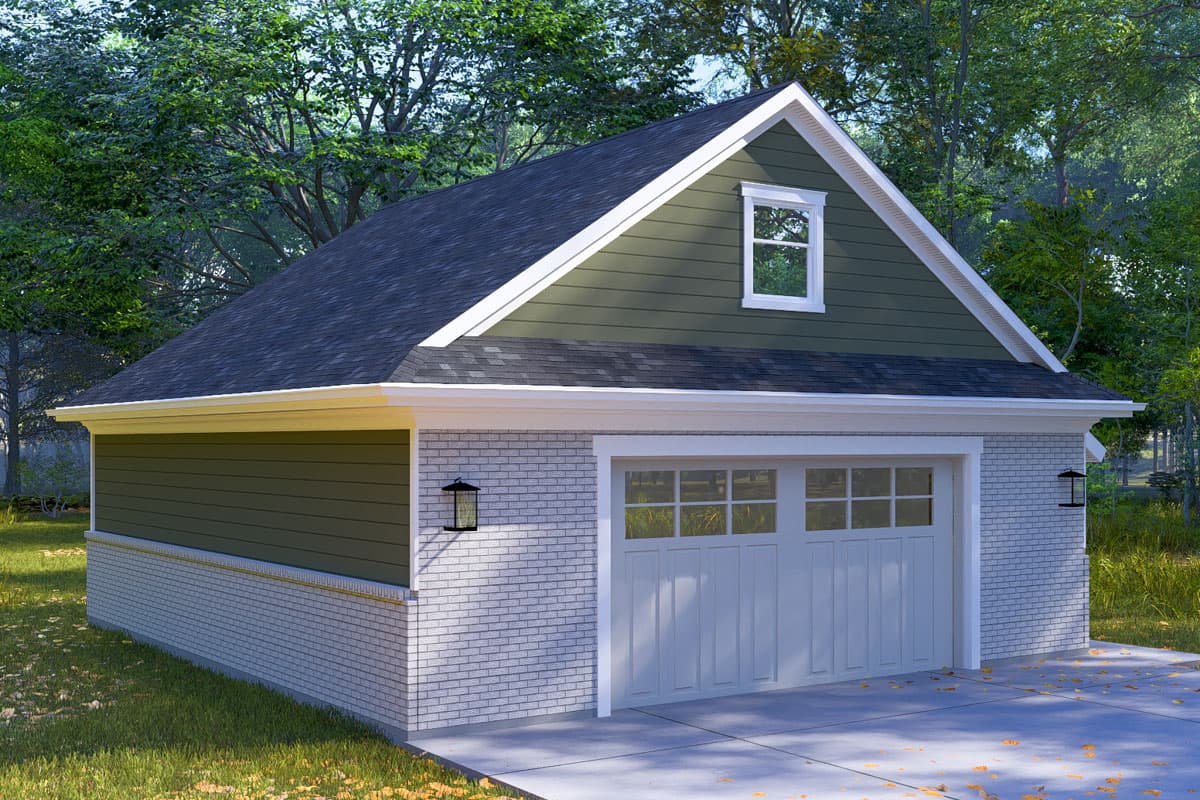 House plan exterior: Two-story garage with white brick base, green siding, gable dormer, and multi-pane garage door.