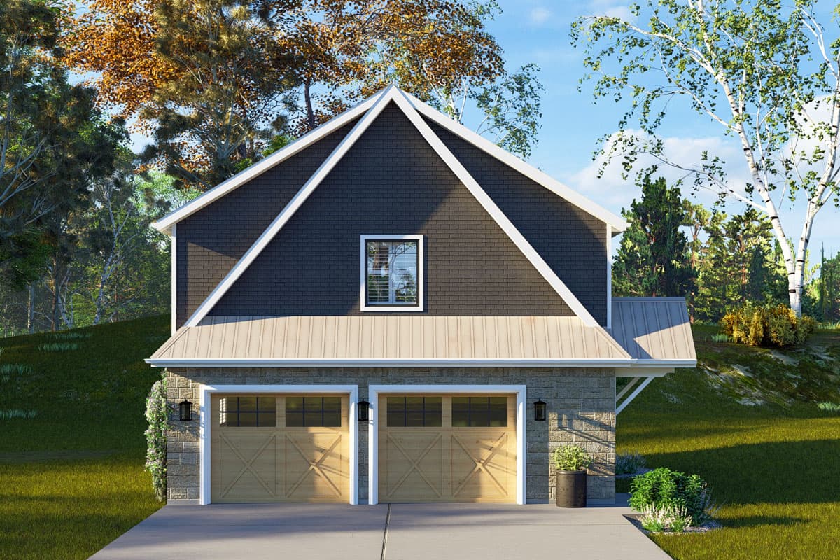 House plan exterior featuring a steeply pitched gable roof, double garage doors with wood and glass, and stone and shingle siding.
