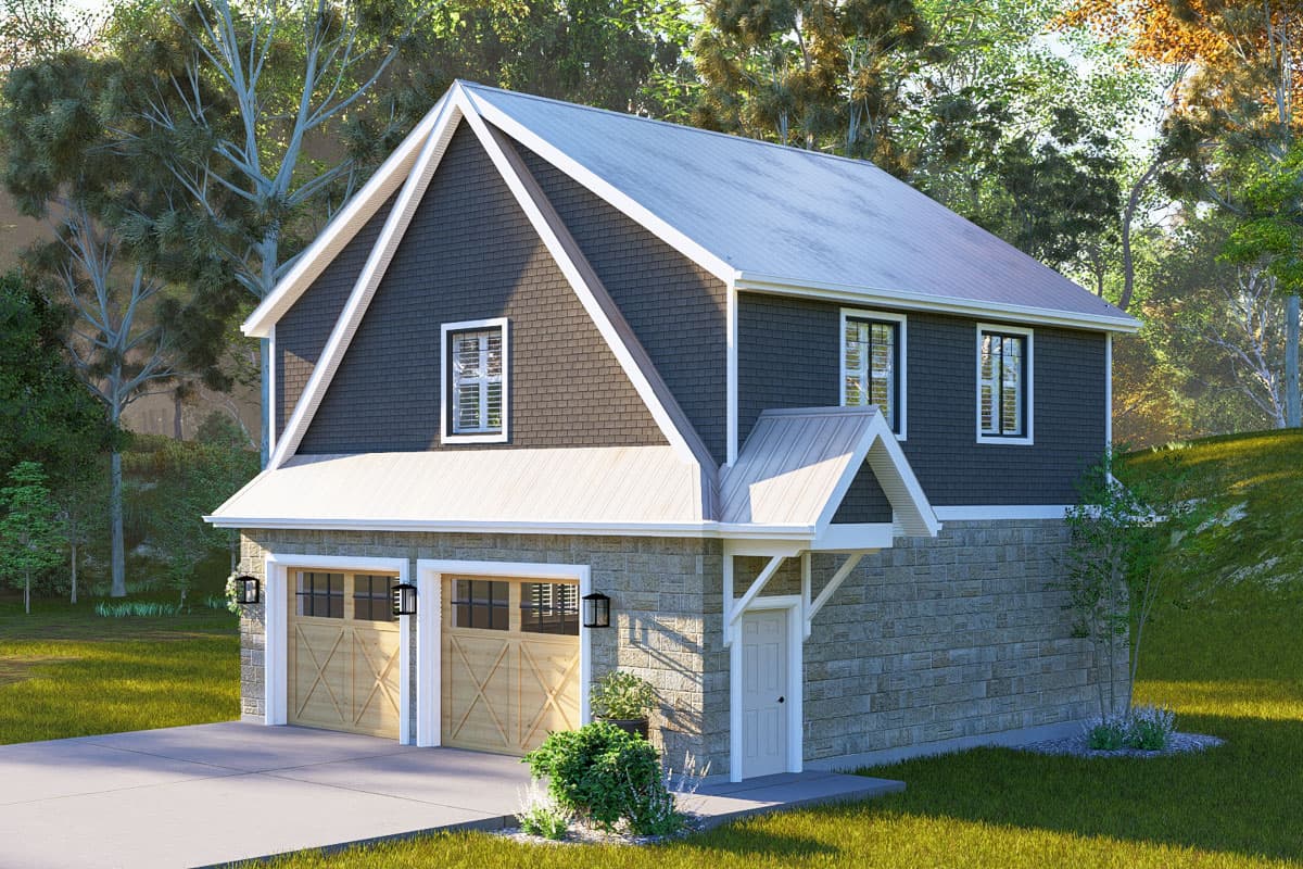 House plan exterior. Two-story with shingle siding, a gable roof, and two garage bays. Features include a front-facing gable and exposed rafters.