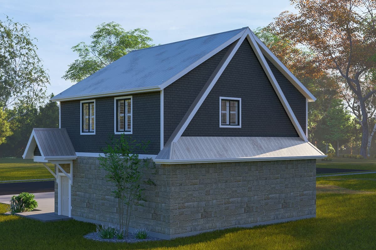 House plan exterior: Two-story dwelling with stone base, shingle siding, intersecting gables, and metal roof awnings over entrance and windows.