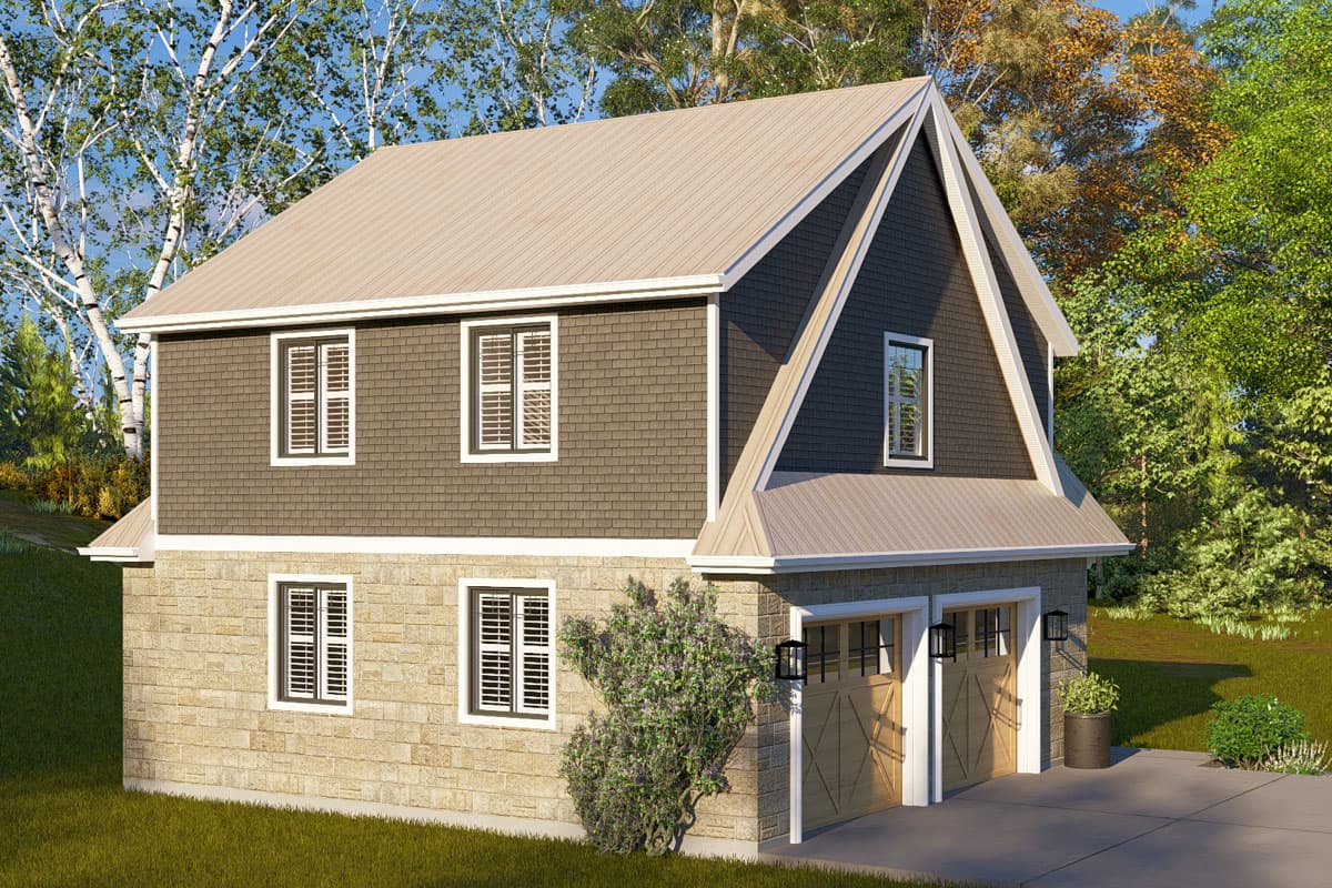 House plan exterior: Two-story Modern Farmhouse with stone base, shingle siding, gable roof, and a two-car garage.