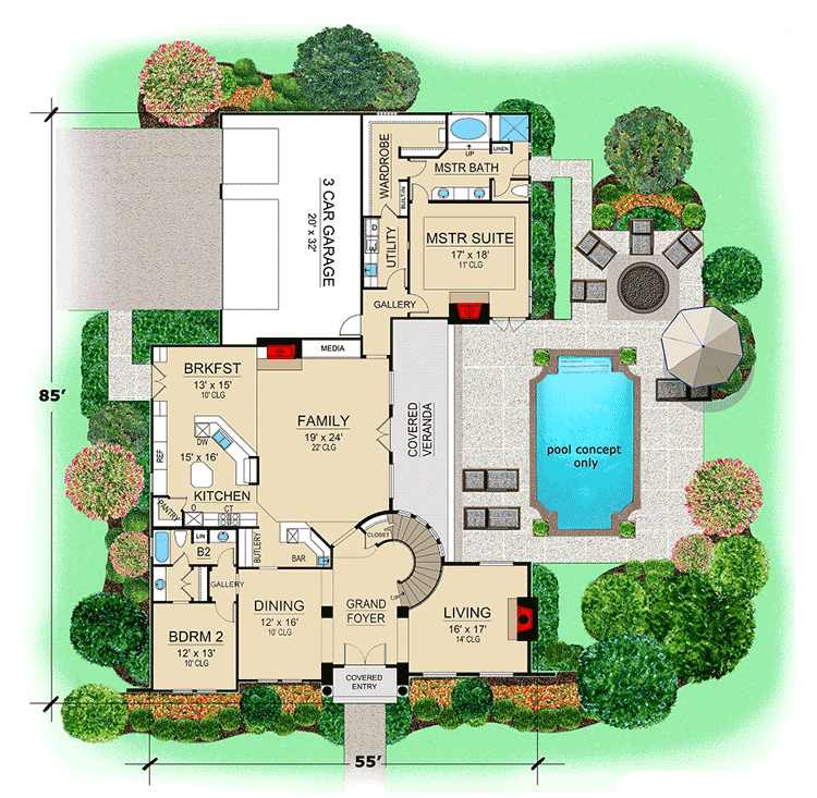 Plan 36478TX: Mediterranean Dream Home Plan - 3529 Sq Ft - Floor Plan - Main Level - European, Mediterranean, Tuscan