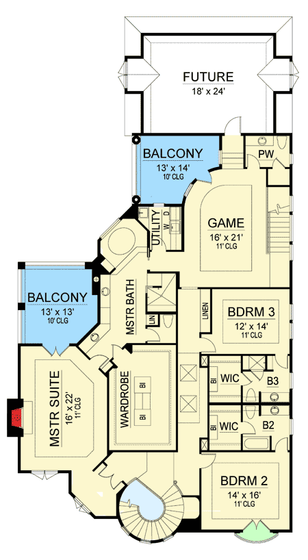 Plan 36483TX: Mediterranean-style House Plan with a Stunning Curved Staircase - Floor Plan - 2nd Floor - Florida-Style, Mediterranean, Tuscan