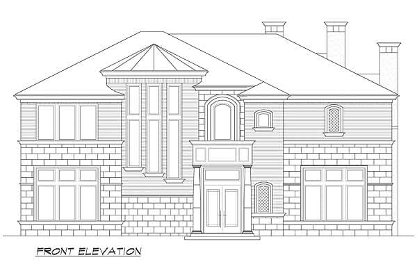 Front elevation drawing of a two-story house with a stone base, multi-pane windows, and a decorative entryway.