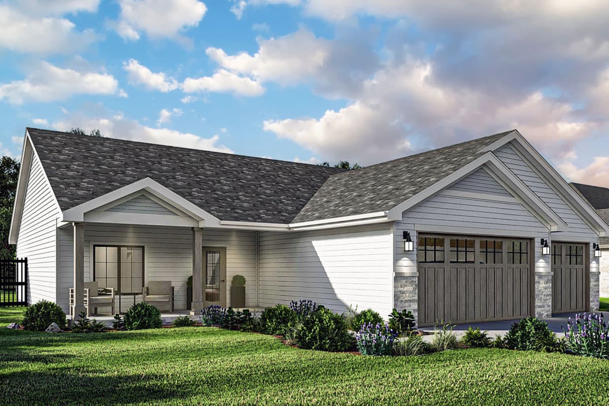 House plan exterior, single-story dwelling with a covered front porch, gable rooflines, and a three-car garage.