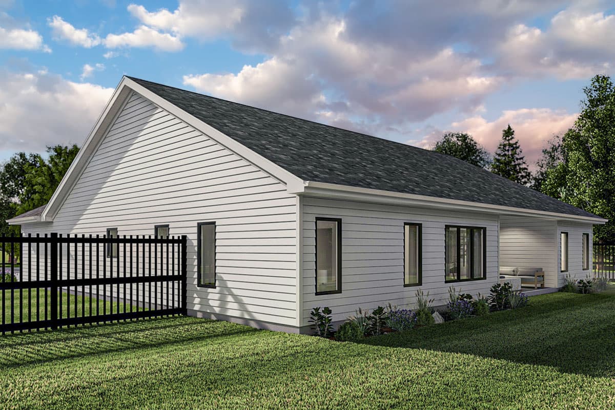 House plan exterior: Modern single-story home with vinyl siding, gabled roof, and covered patio.