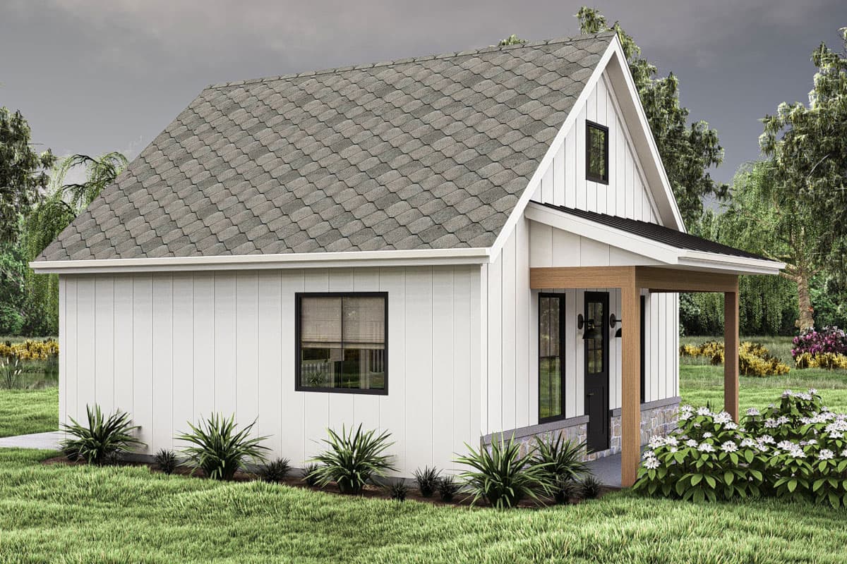 House plan exterior: one-story modern farmhouse with vertical siding, gable roof, covered entry porch with wood beams, and stone foundation detail.