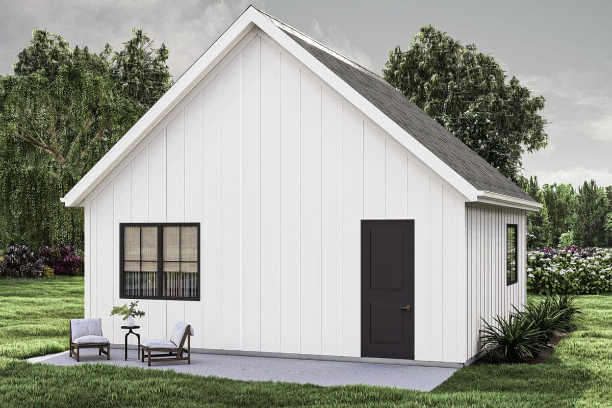 House plan exterior: Modern Farmhouse style, board and batten siding, gabled roof, single door, two windows.