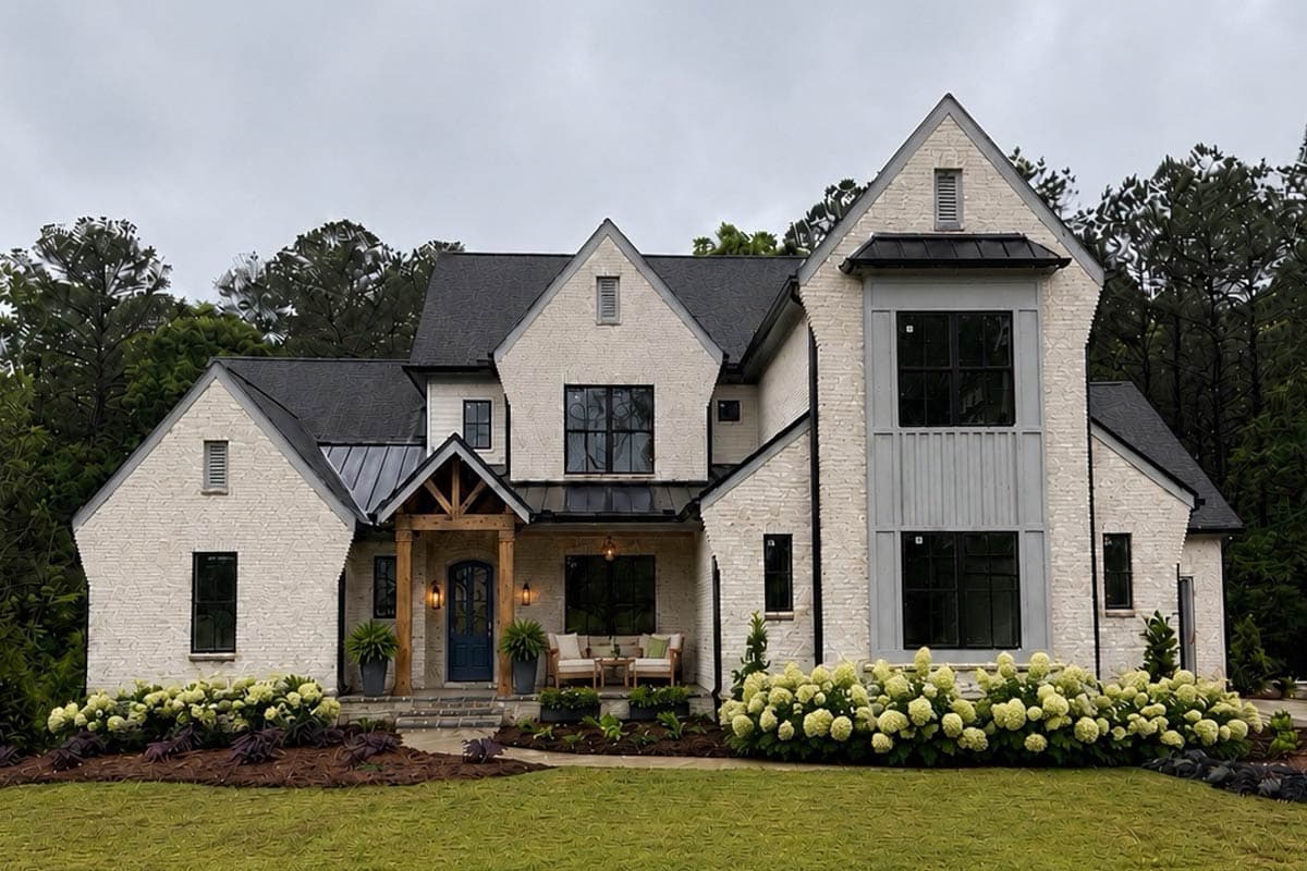 Modern Farmhouse house plan exterior with white brick, metal roof, gables, and covered porch with wood beams.