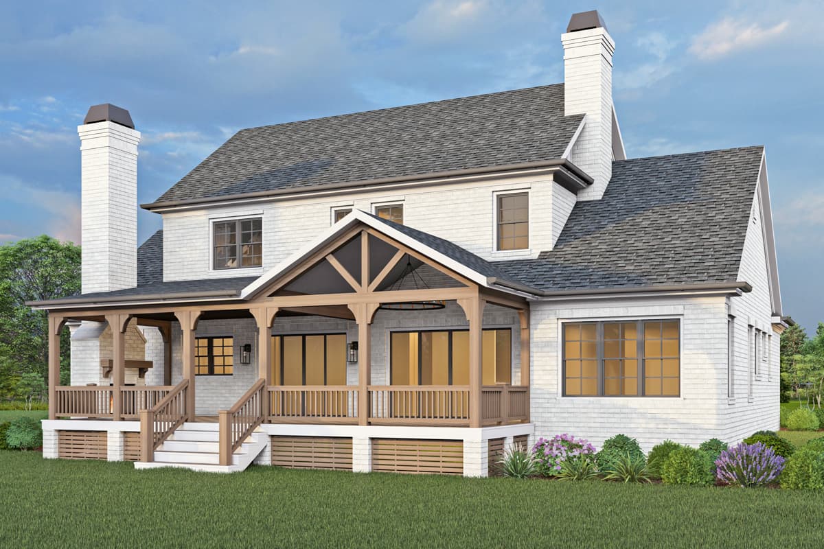 House plan exterior: two-story Modern Farmhouse with wraparound porch, timber posts, stone chimney, and gabled dormers.