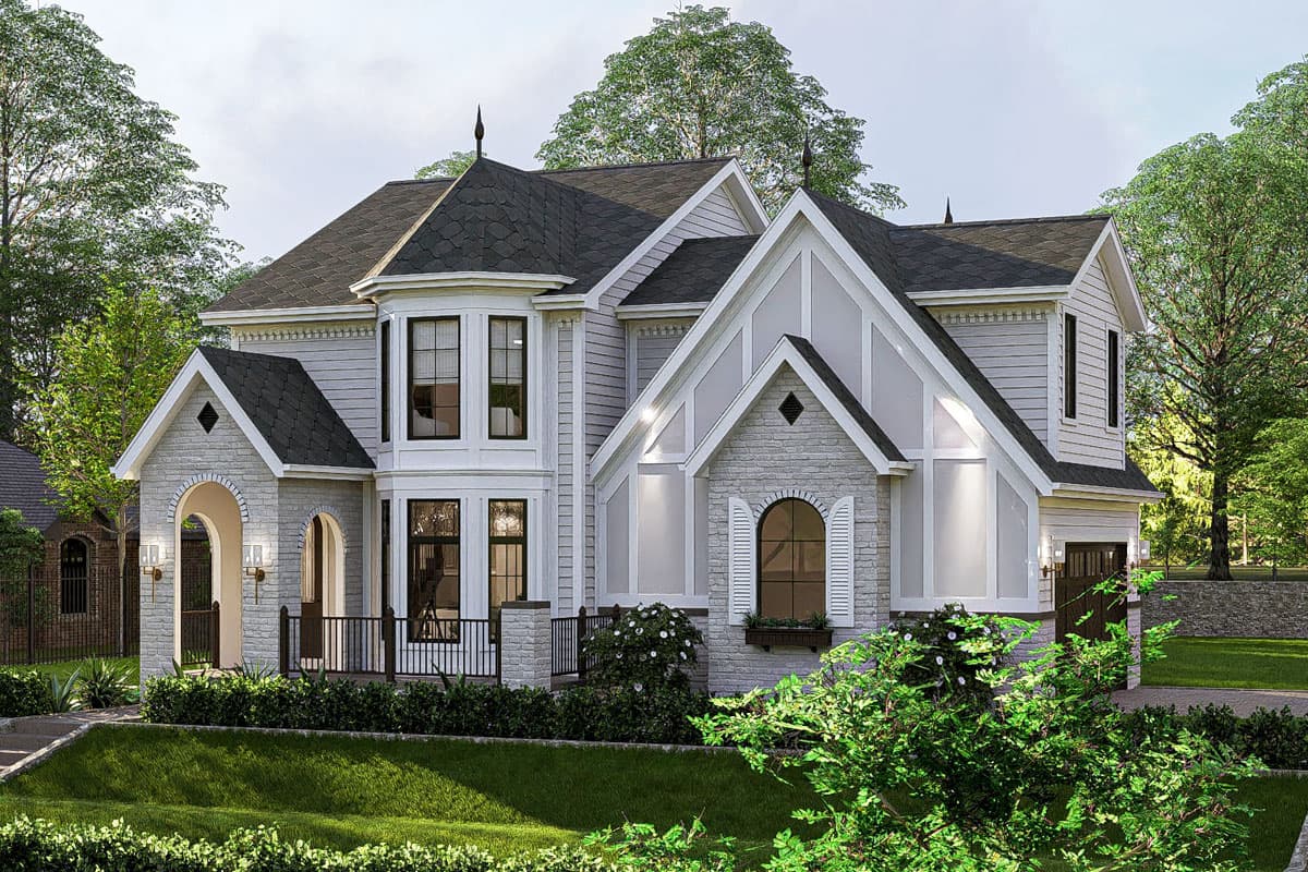 House plan exterior: Two-story home with bay window, arched entryways, stone accents, gables, and a prominent turret roof with finial.