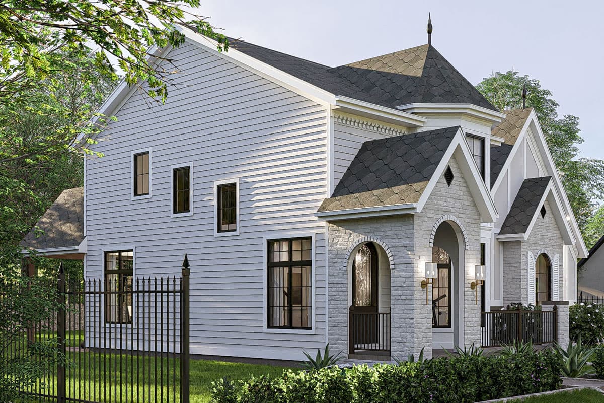 House plan exterior of a two-story home with horizontal siding, gables, arched entryway, and multiple dormers.