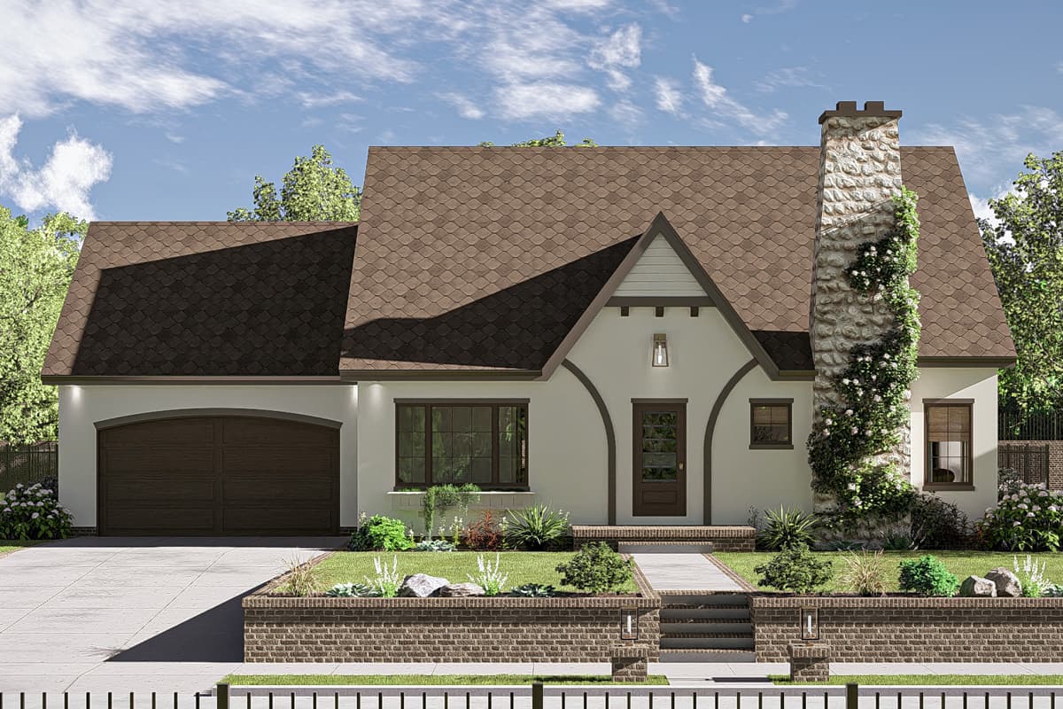 House plan exterior. One-story Tudor-style home with gabled roof, arched garage door, stone chimney, and front entry gable.