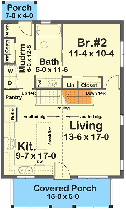 Plan 67825MG: 2-Bed Country Cottage House Plan with Two-Story Great Room - 1124 Sq Ft - Floor Plan - Main Level - Cottage, Country, Traditional, Vacation