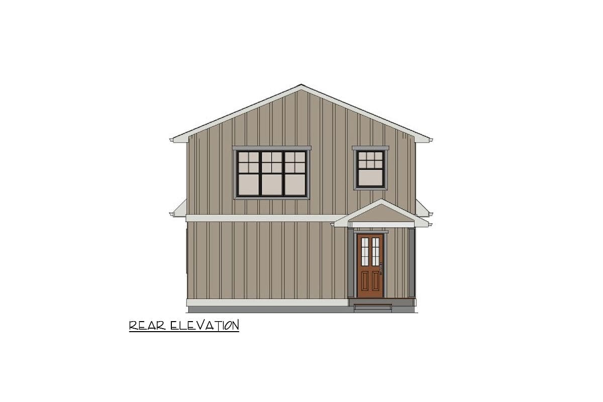 Rear elevation drawing of a two-story house with board-and-batten siding, a covered entry with double doors, and two windows on the upper level.