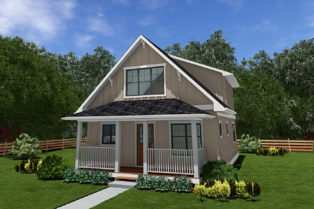 House plan exterior, two-story farmhouse style. Features include a front porch, gabled roof, and upper-story dormer with large windows.
